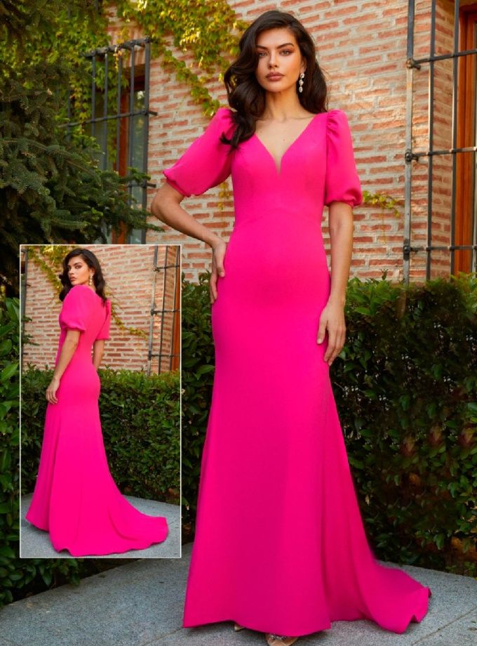 Vestido fucsia  escote mangas volumen
